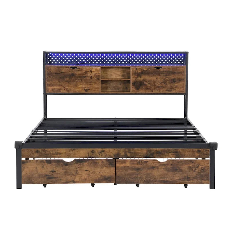 Cama de Plataforma King Size de Metal con Cabecero de Madera, Cajones y Luces LED