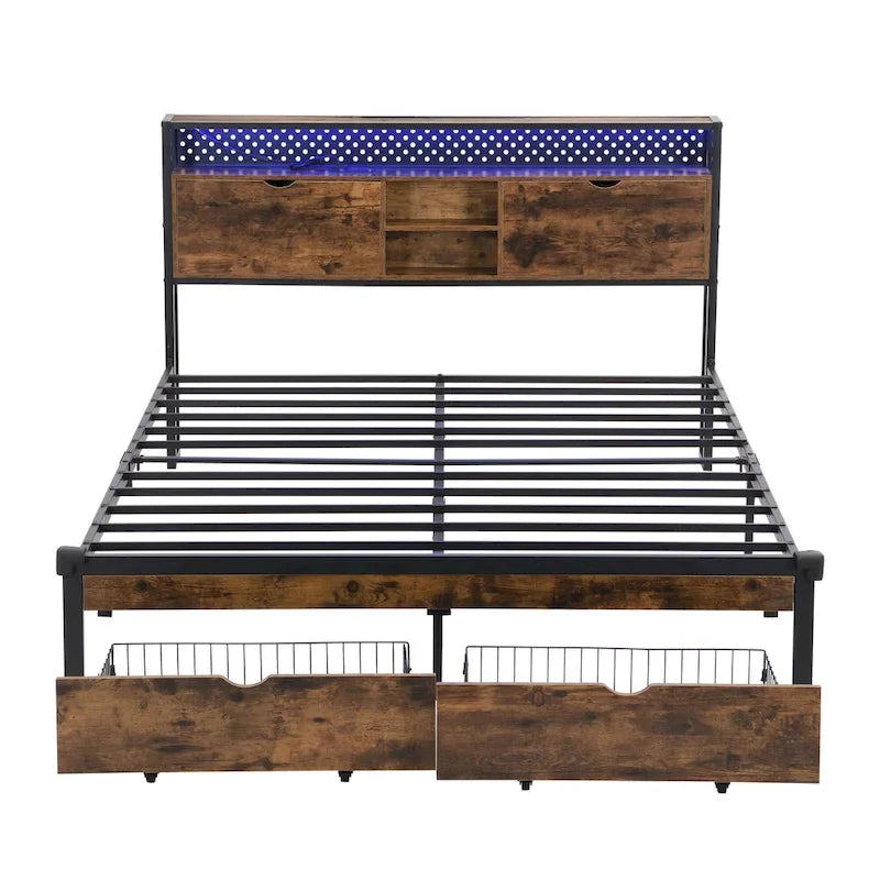 Cama de Plataforma King Size de Metal con Cabecero de Madera, Cajones y Luces LED
