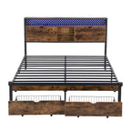 Cama de Plataforma King Size de Metal con Cabecero de Madera, Cajones y Luces LED