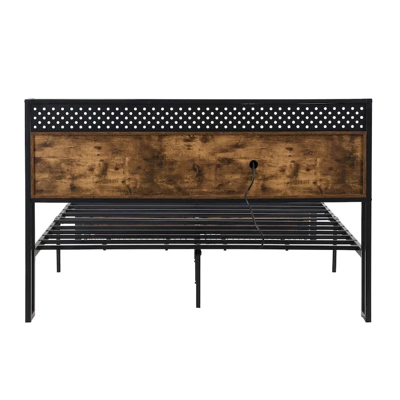 Cama de Plataforma King Size de Metal con Cabecero de Madera, Cajones y Luces LED