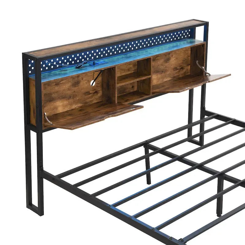 Cama de Plataforma King Size de Metal con Cabecero de Madera, Cajones y Luces LED