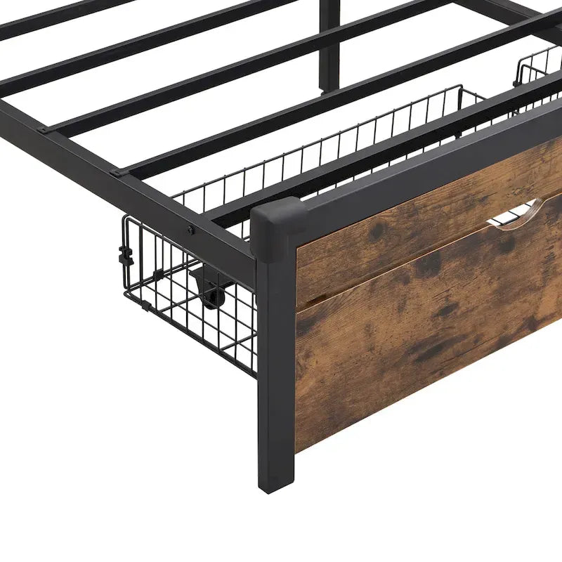 Cama de Plataforma King Size de Metal con Cabecero de Madera, Cajones y Luces LED
