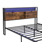Cama de Plataforma King Size de Metal con Cabecero de Madera, Cajones y Luces LED