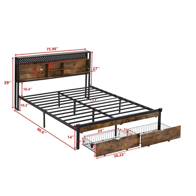 Cama de Plataforma King Size de Metal con Cabecero de Madera, Cajones y Luces LED