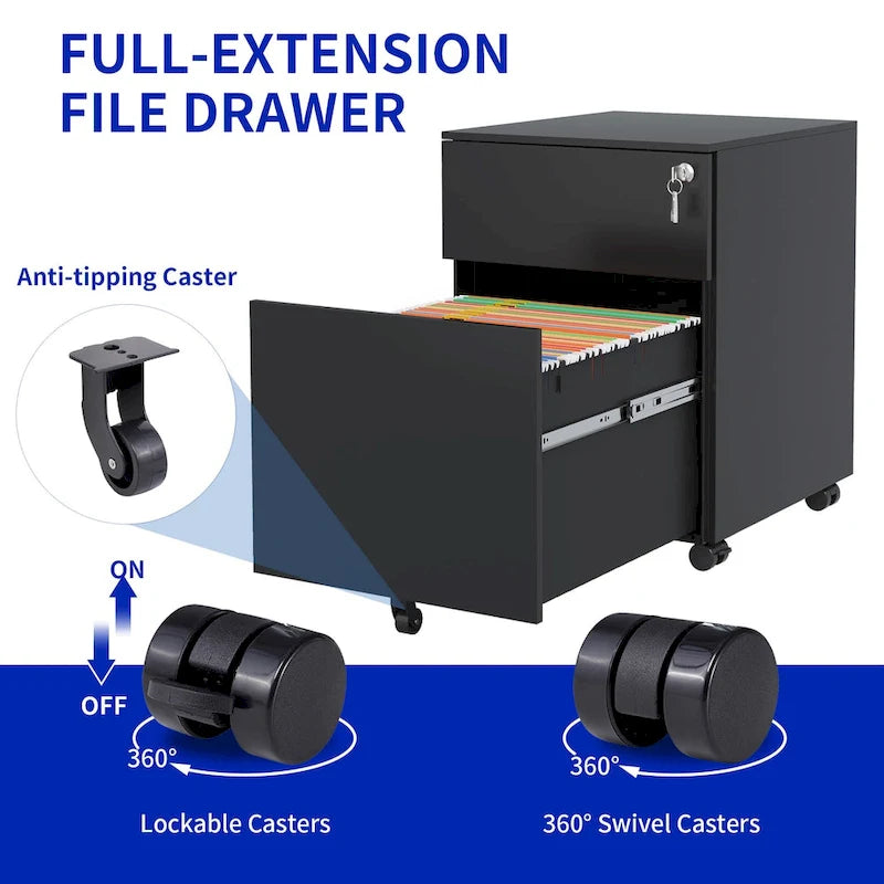 Archivador móvil de 2 cajones con cerradura, archivador de acero para tamaño legal/carta/A4/F4