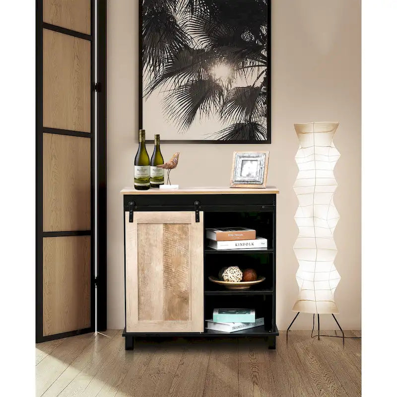 Vinoteca de almacenamiento de madera de ingeniería negra y roble - 32.5 H x 31.5 W x 15.75 D