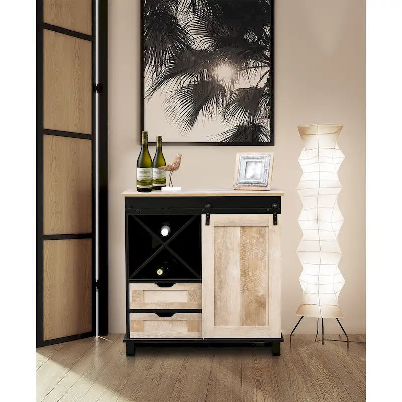 Vinoteca de almacenamiento de madera de ingeniería negra y roble - 32.5 H x 31.5 W x 15.75 D