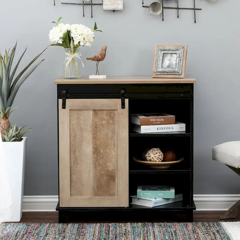Vinoteca de almacenamiento de madera de ingeniería negra y roble - 32.5 H x 31.5 W x 15.75 D