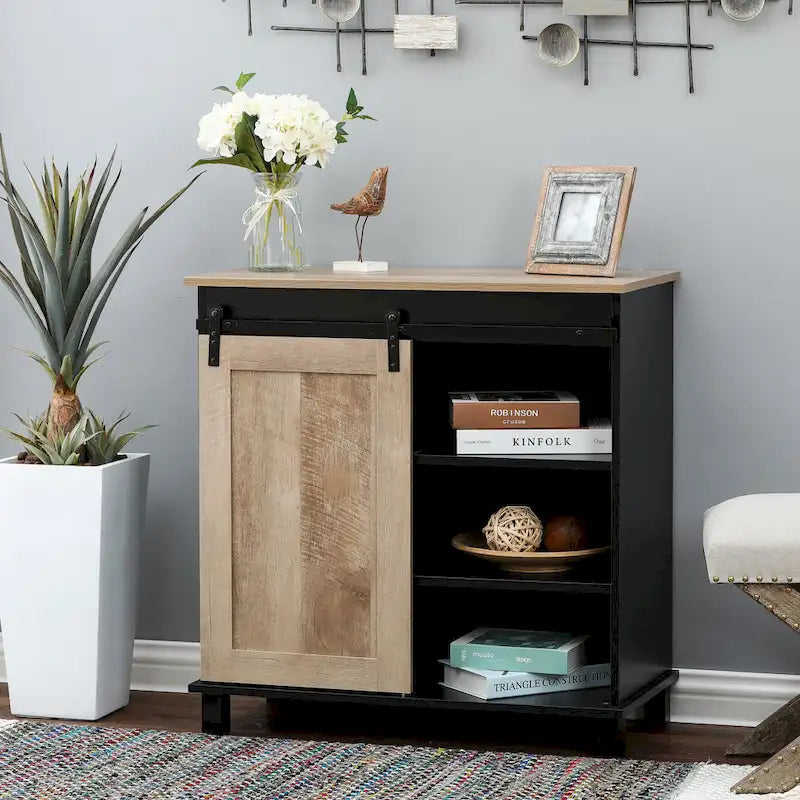 Vinoteca de almacenamiento de madera de ingeniería negra y roble - 32.5 H x 31.5 W x 15.75 D
