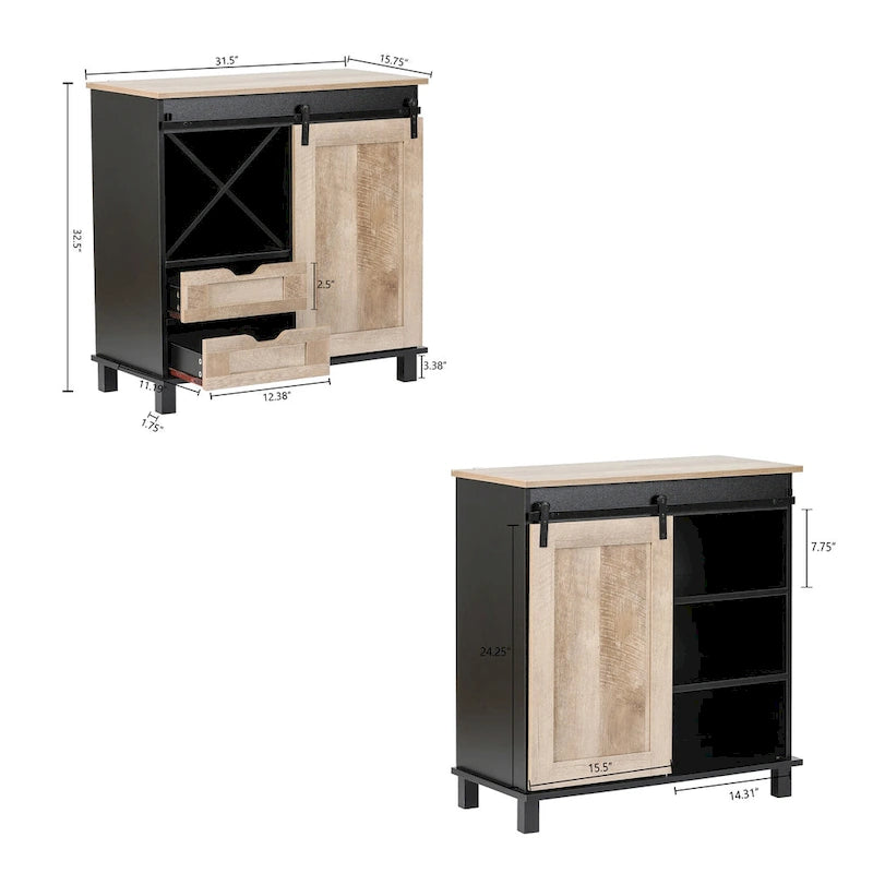 Vinoteca de almacenamiento de madera de ingeniería negra y roble - 32.5 H x 31.5 W x 15.75 D