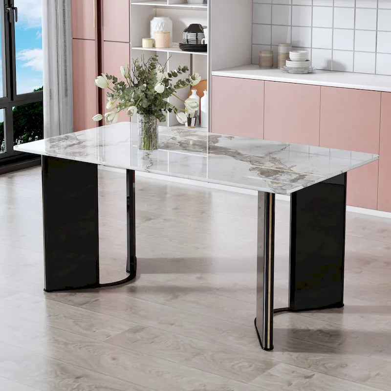 Mesa de Comedor Rectangular de Imitación Mármol Blanco - Mármol Blanco