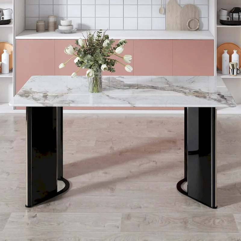 Mesa de Comedor Rectangular de Imitación Mármol Blanco - Mármol Blanco