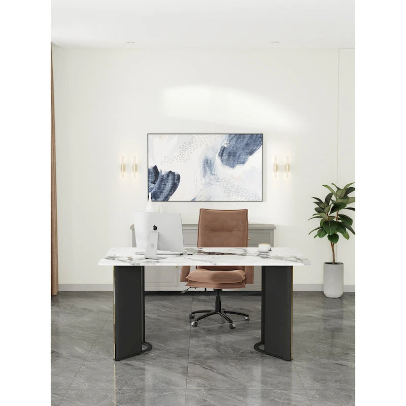 Mesa de Comedor Rectangular de Imitación Mármol Blanco - Mármol Blanco