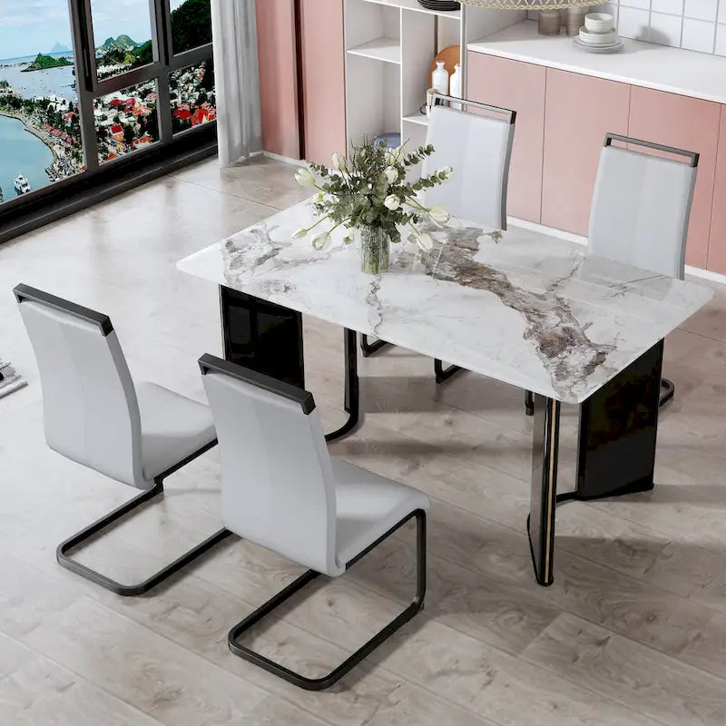 Mesa de Comedor Rectangular de Imitación Mármol Blanco - Mármol Blanco