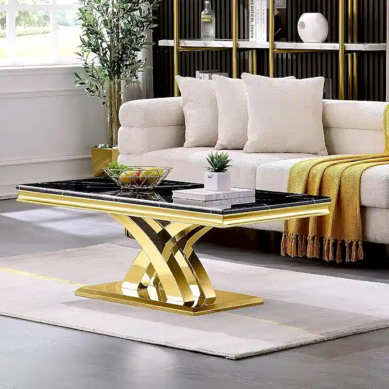 Mesa de centro moderna de 48" rectangular con base en X, mesas de centro tipo pedestal para sala de estar