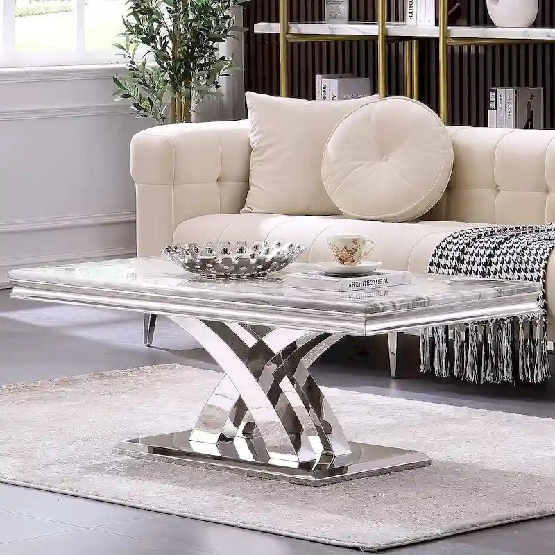 Mesa de centro moderna de 48" rectangular con base en X, mesas de centro tipo pedestal para sala de estar