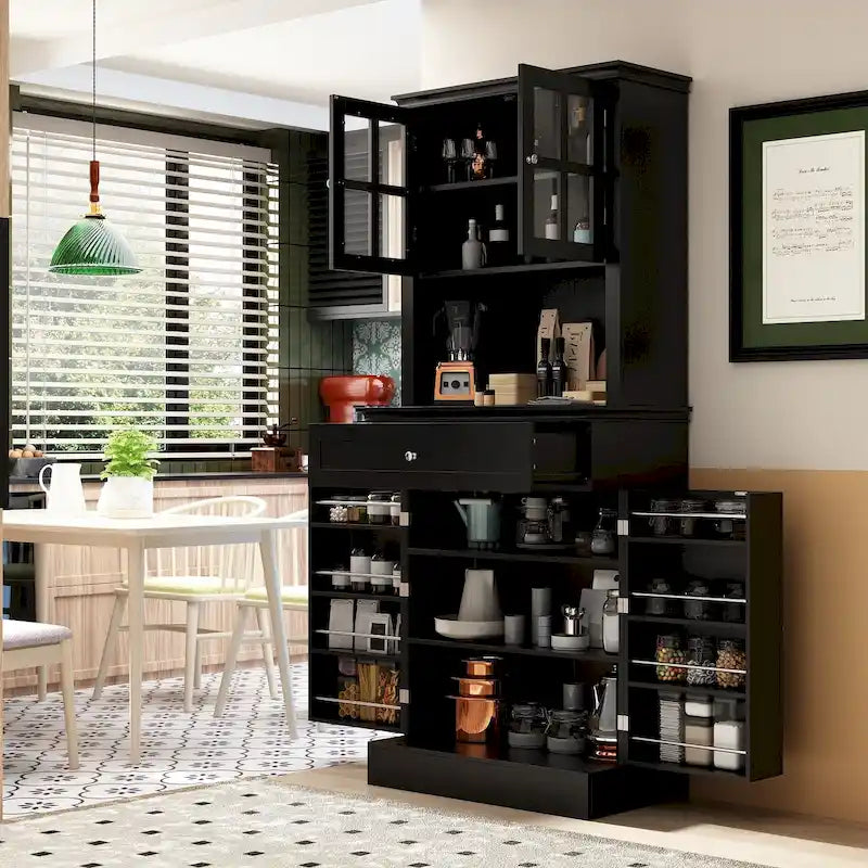 Mueble tipo bufé con vitrina, despensa de cocina, armario de almacenamiento, aparador blanco