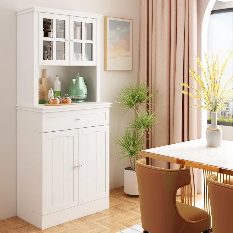 Mueble tipo bufé con vitrina, despensa de cocina, armario de almacenamiento, aparador blanco