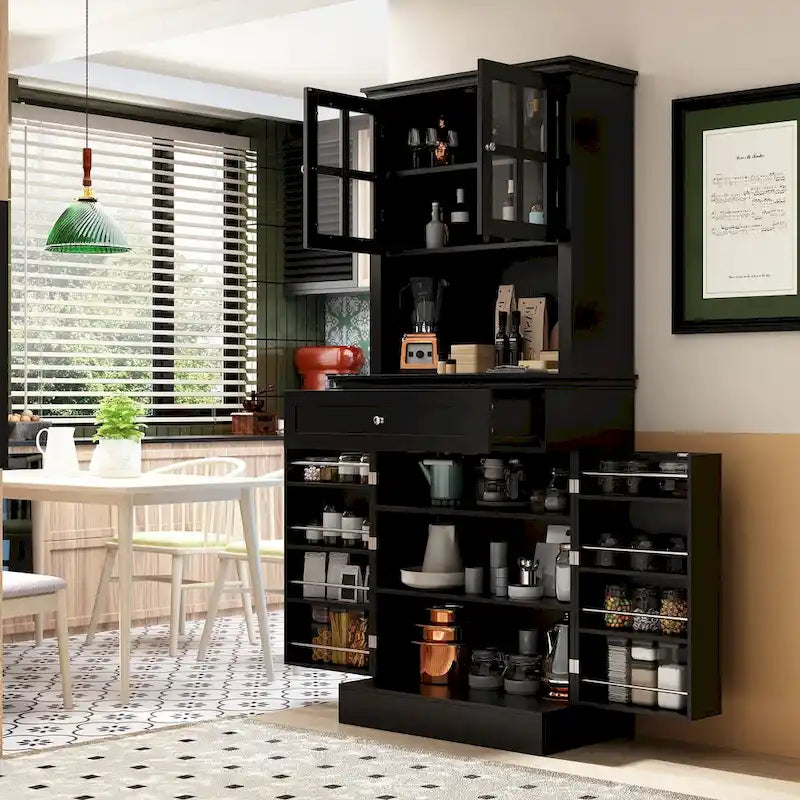 Mueble tipo bufé con vitrina, despensa de cocina, armario de almacenamiento, aparador blanco