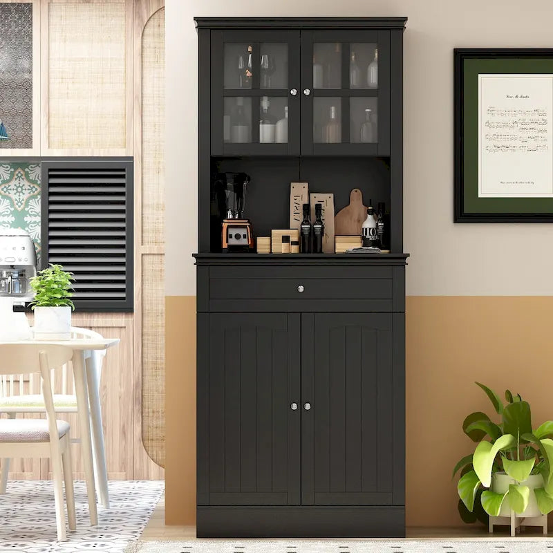 Mueble tipo bufé con vitrina, despensa de cocina, armario de almacenamiento, aparador blanco