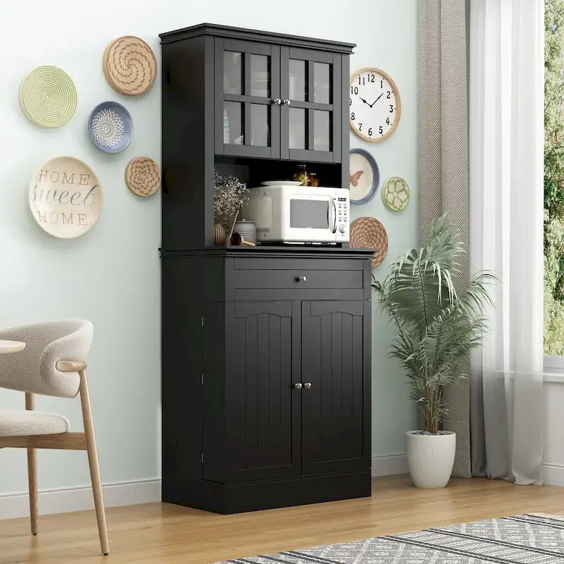 Mueble tipo bufé con vitrina, despensa de cocina, armario de almacenamiento, aparador blanco