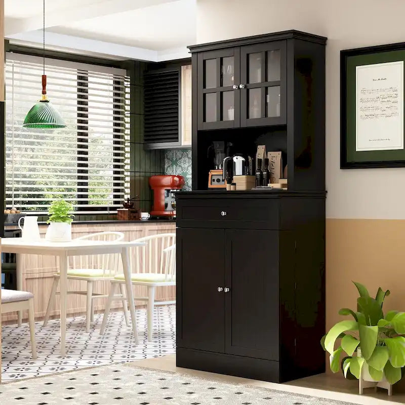 Mueble tipo bufé con vitrina, despensa de cocina, armario de almacenamiento, aparador blanco