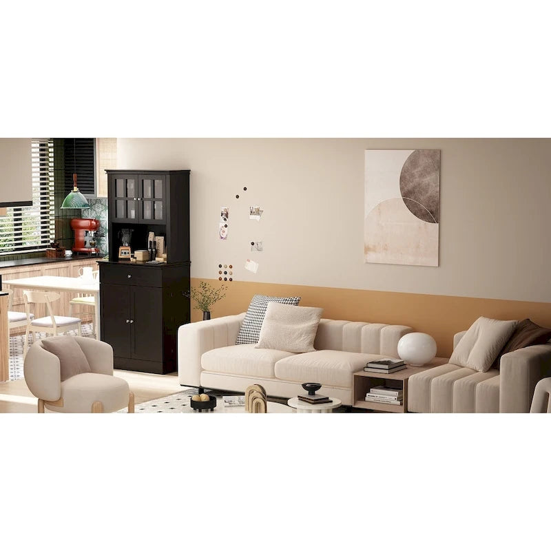 Mueble tipo bufé con vitrina, despensa de cocina, armario de almacenamiento, aparador blanco