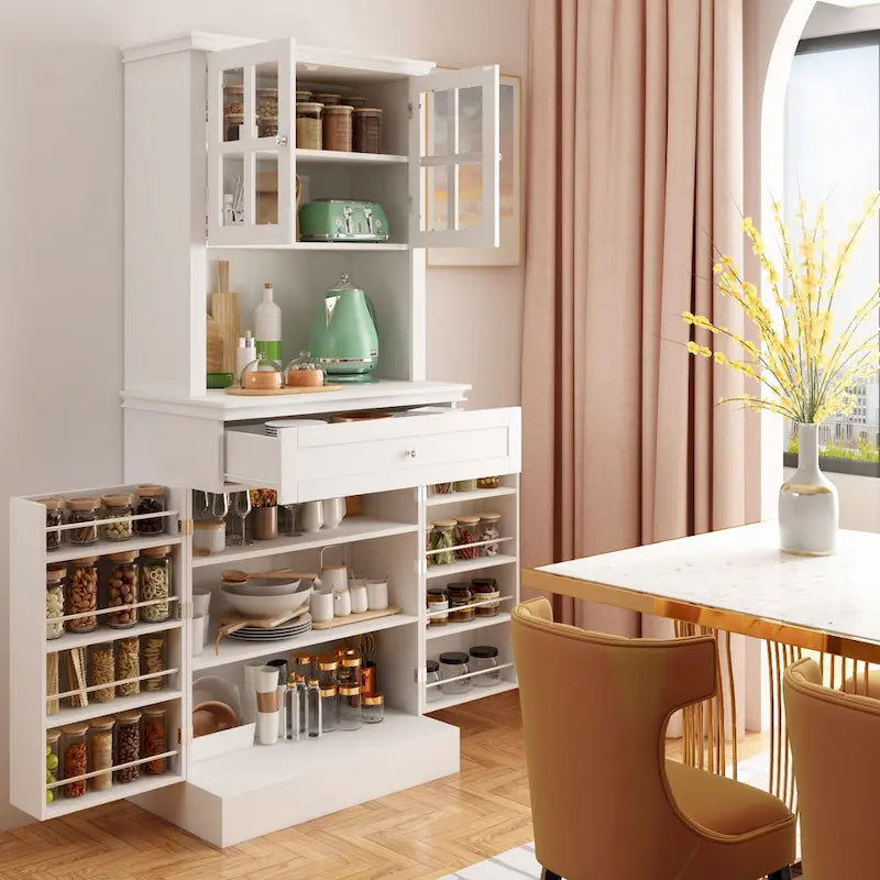 Mueble tipo bufé con vitrina, despensa de cocina, armario de almacenamiento, aparador blanco