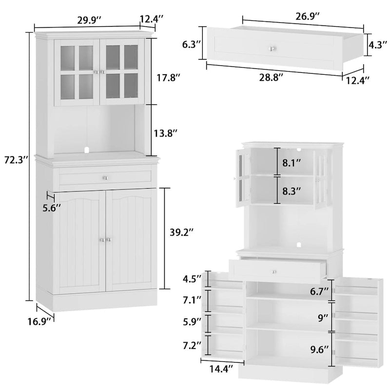 Mueble tipo bufé con vitrina, despensa de cocina, armario de almacenamiento, aparador blanco