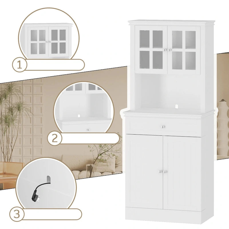 Mueble tipo bufé con vitrina, despensa de cocina, armario de almacenamiento, aparador blanco