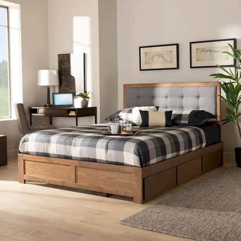 Cama con almacenaje de 3 cajones estilo moderno de mediados de siglo