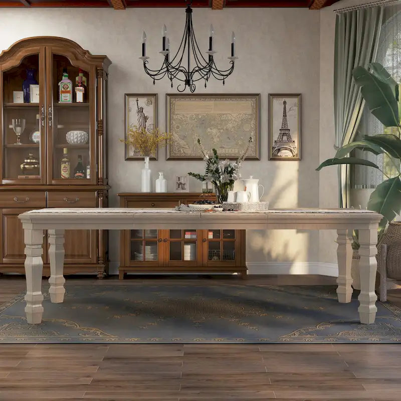 Mesa de comedor extensible de madera blanca de 100 pulgadas