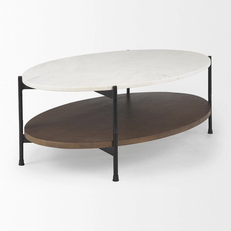 Mesa de centro ovalada con tablero de mármol blanco y estante de madera marrón oscuro