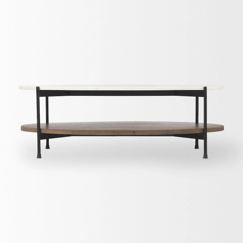 Mesa de centro ovalada con tablero de mármol blanco y estante de madera marrón oscuro