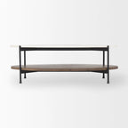 Mesa de centro ovalada con tablero de mármol blanco y estante de madera marrón oscuro