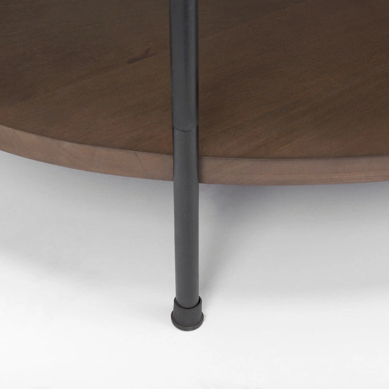 Mesa de centro ovalada con tablero de mármol blanco y estante de madera marrón oscuro