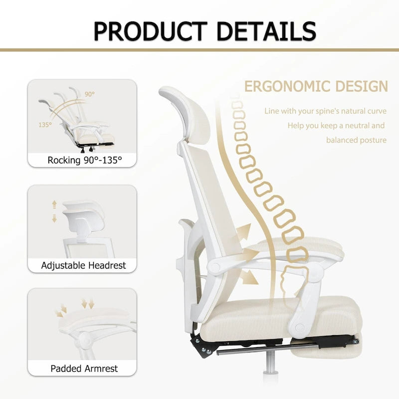 Silla de oficina ergonómica con reposapiés, giratoria y de malla para tareas de oficina