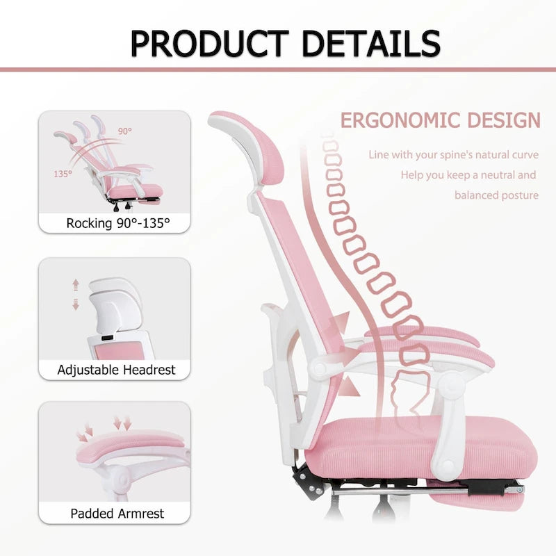 Silla de oficina ergonómica con reposapiés, giratoria y de malla para tareas de oficina