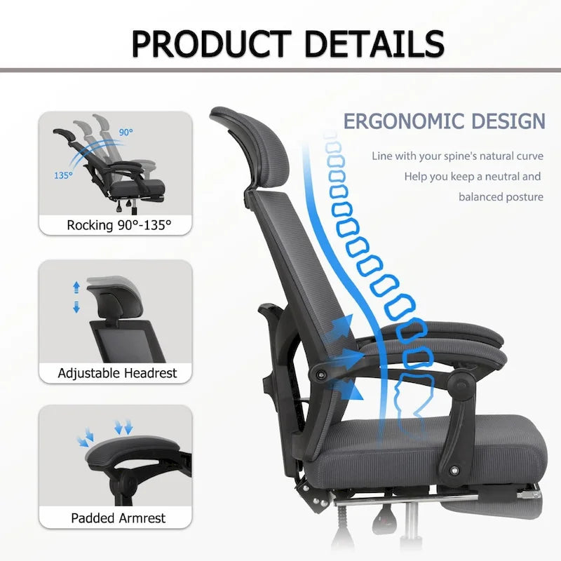Silla de oficina ergonómica con reposapiés, giratoria y de malla para tareas de oficina