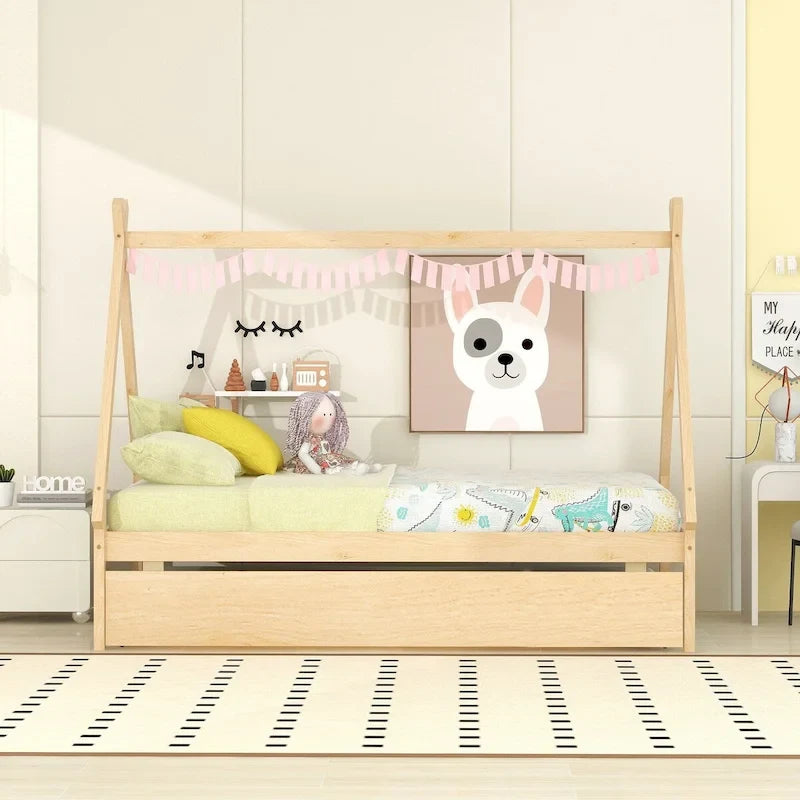 Cama tipi con dosel de tamaño individual con nido para dormitorio