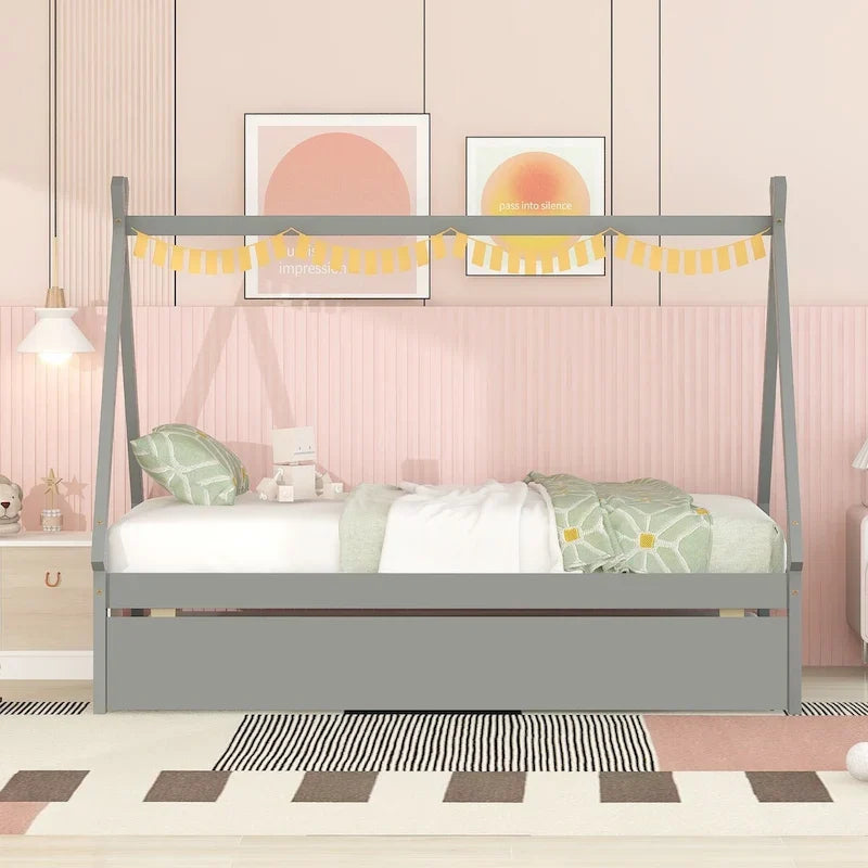 Cama tipi con dosel de tamaño individual con nido para dormitorio