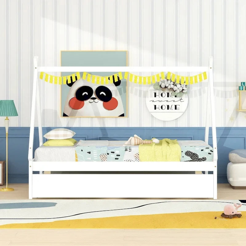 Cama tipi con dosel de tamaño individual con nido para dormitorio