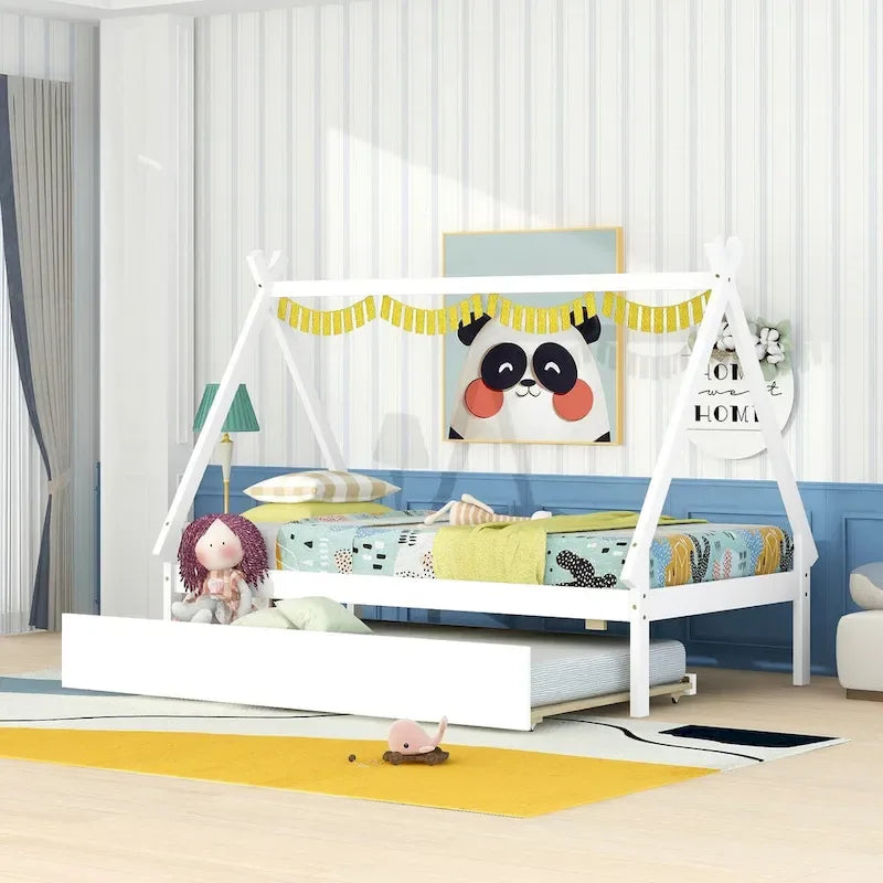 Cama tipi con dosel de tamaño individual con nido para dormitorio