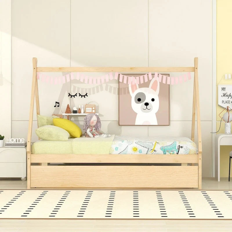 Cama tipi con dosel de tamaño individual con nido para dormitorio