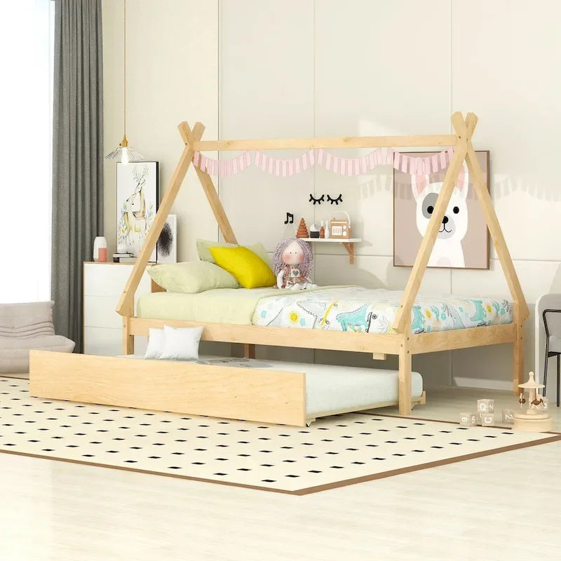 Cama tipi con dosel de tamaño individual con nido para dormitorio