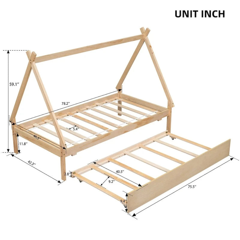 Cama tipi con dosel de tamaño individual con nido para dormitorio