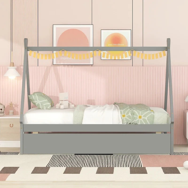 Cama tipi con dosel de tamaño individual con nido para dormitorio