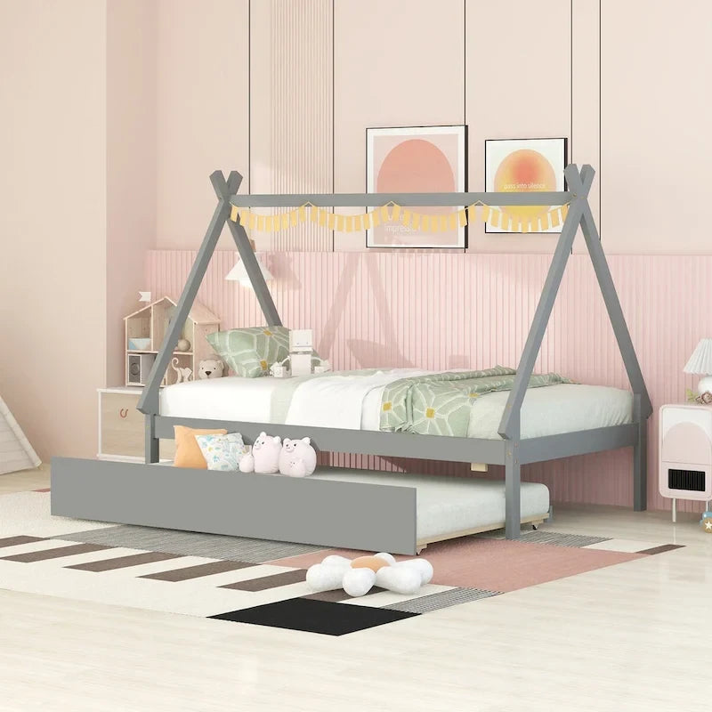Cama tipi con dosel de tamaño individual con nido para dormitorio
