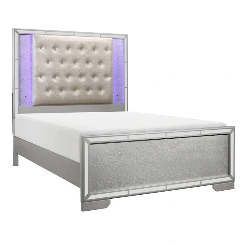 Cama tapizada de polipiel plateada con luces LED y botones