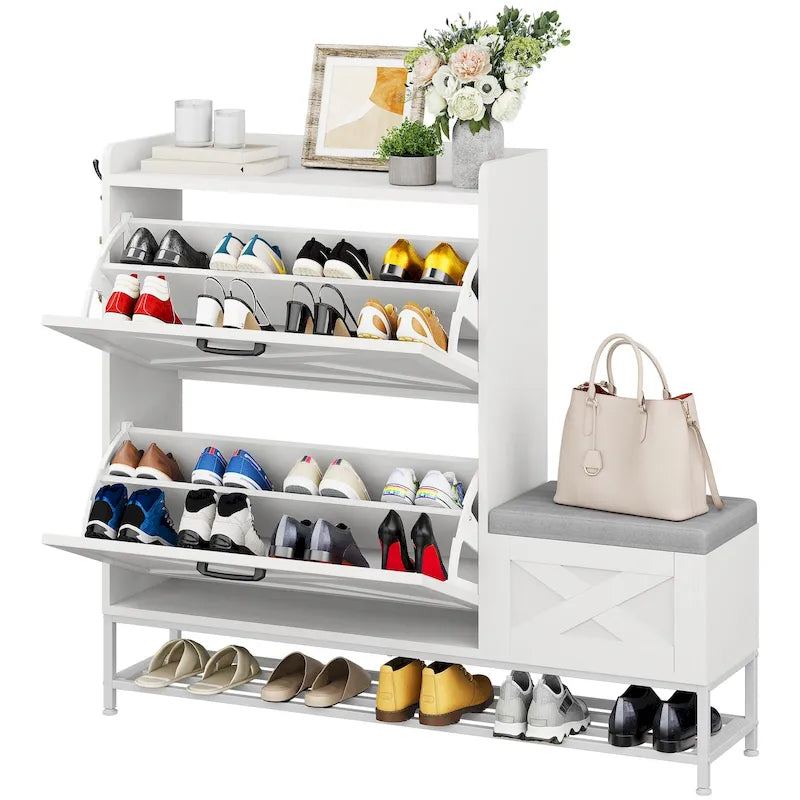 Armario de almacenamiento de zapatos de granja con banco para zapatos, almacenamiento de zapatos para entrada con 2 cajones abatibles para 16 pares - 9.4W x 47.1L x 41.3H